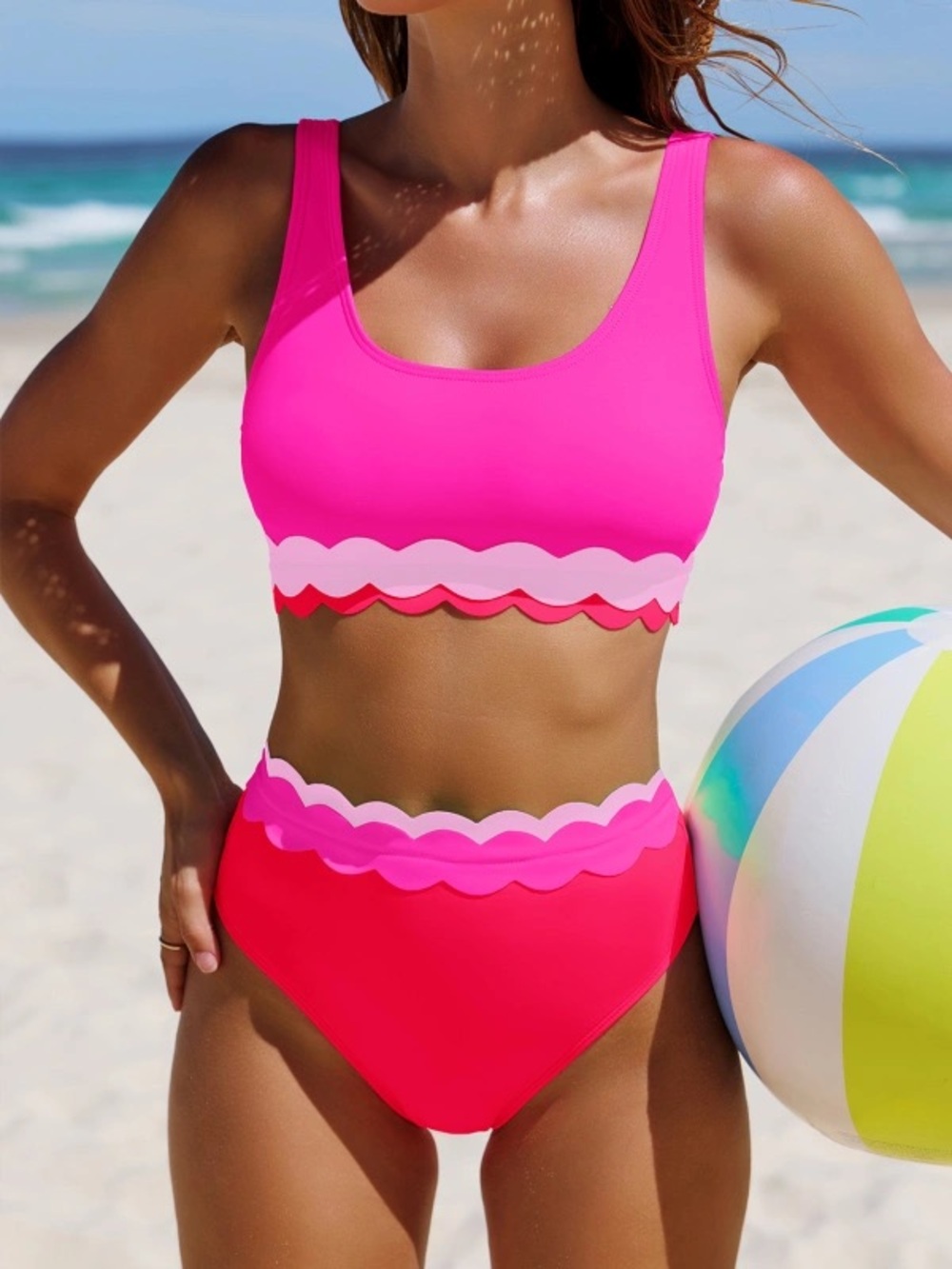 Popvil Bright Pink Scallop Trim Two-Piece Swim Set XL (recommended to size up)